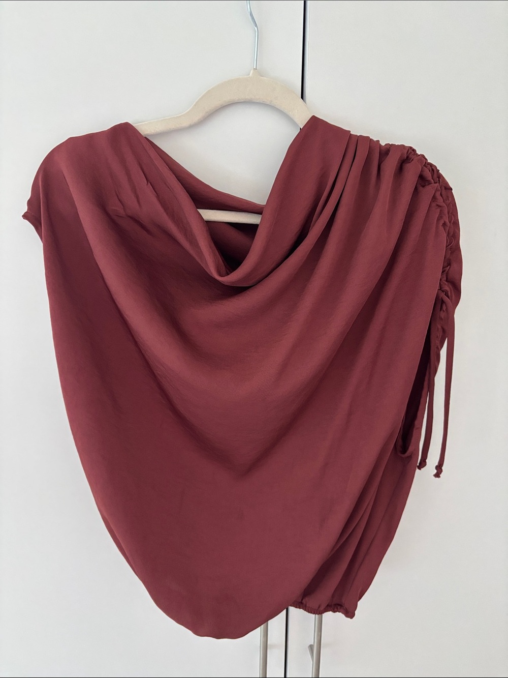 Vici Draped Ruched Sleeve Blouse in Deep Rust